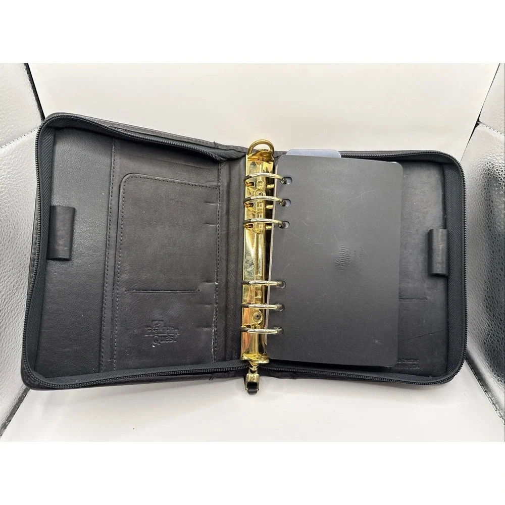 Vintage Franklin Quest Black Full-Grain Nappa Leather 6 Ring Planner Full‎ Zip
